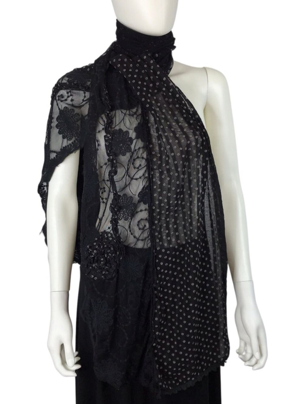 Vintage Boho Black Lace & Floral Sheer Scarf Wrap Metallic Leaf Detail